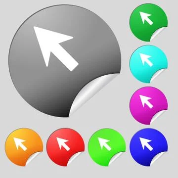 Cursor, arrow icon sign. Set of eight multi colored round buttons, stickers.  Stock Illustration
