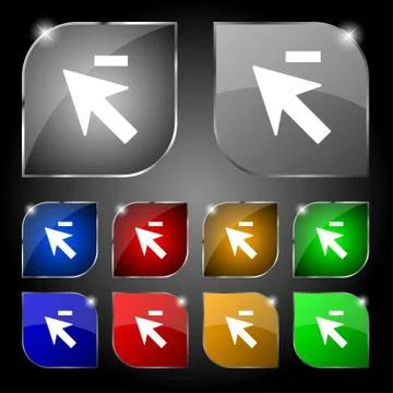 Cursor, arrow minus icon sign. Set of ten colorful buttons with glare. Vector Ilustración de archivo