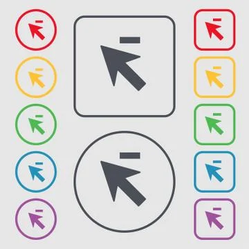 Cursor, arrow minus icon sign. symbol on the Round and square buttons with fr 库存插图