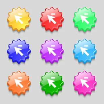 Cursor, arrow minus icon sign. Symbols on nine wavy colourful buttons. Vector Stock Illustration