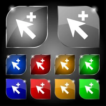 Cursor, arrow plus, add icon sign. Set of ten colorful buttons with glare. Ve Ilustración de archivo