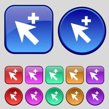 Cursor, arrow plus, add icon sign. A set of twelve vintage buttons for your d Stock Illustration
