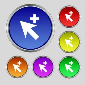 Cursor, arrow plus, add icon sign. Round symbol on bright colourful buttons.  Stock Illustration