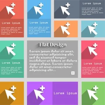 Cursor, arrow plus, add icon sign. Set of multicolored buttons. Metro style w Ilustración de archivo