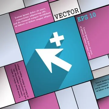 Cursor, arrow plus, add  icon symbol Flat modern web design with long shadow  Stock Illustration