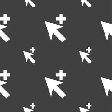Cursor, arrow plus, add icon sign. Seamless pattern on a gray background. Vec Stock Illustration