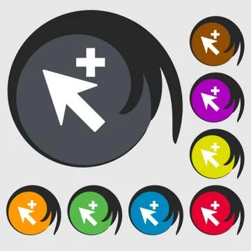 Cursor, arrow plus, add icon sign. Symbols on eight colored buttons. Vector イラスト素材
