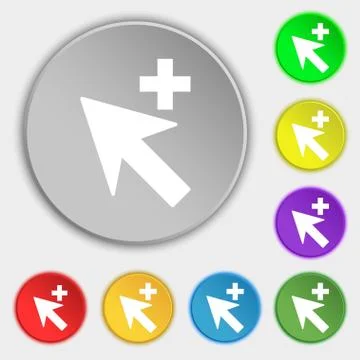 Cursor, arrow plus, add icon sign. Symbols on eight flat buttons. Vector Ilustración de archivo