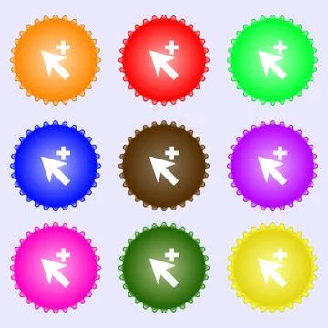 Cursor, arrow plus, add icon sign. A set of nine different colored labels. Ve Ilustración de archivo