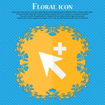 Cursor, arrow plus, add icon sign. Floral flat design on a blue abstract back Ilustración de archivo