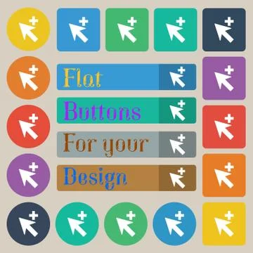 Cursor, arrow plus, add icon sign. Set of twenty colored flat, round, square  Stock Illustration