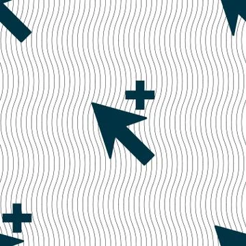 Cursor, arrow plus, add icon sign. Seamless pattern with geometric texture. V Stock Illustration