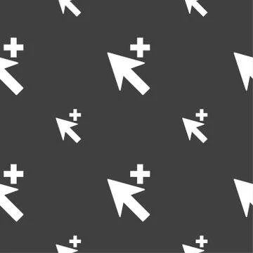 Cursor, arrow plus, add icon sign. Seamless pattern on a gray background. Vec Illustrazione stock