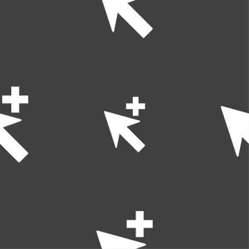 Cursor, arrow plus, add icon sign. Seamless pattern on a gray background. Vec Illustrazione stock