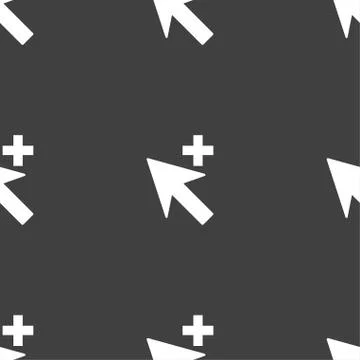 Cursor, arrow plus, add icon sign. Seamless pattern on a gray background. Vec Stock Illustration