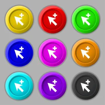 Cursor, arrow plus, add icon sign. symbol on nine round colourful buttons. Stock Illustration