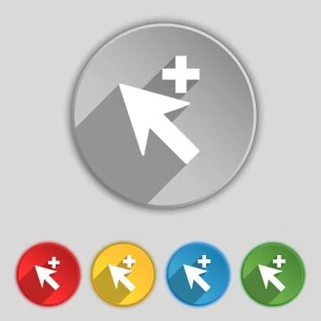Cursor, arrow plus, add icon sign. Symbol on five flat buttons. Ilustración de archivo
