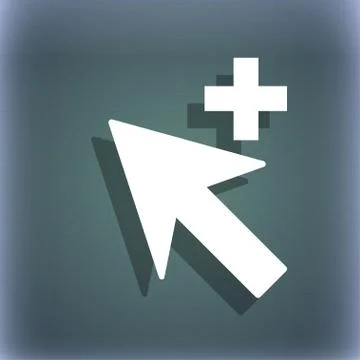 Cursor, arrow plus, add icon sign. On the blue-green abstract background with sh Stock Illustration