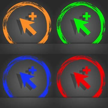 Cursor, arrow plus, add icon sign. Fashionable modern style. In the orange, gree Ilustración de archivo