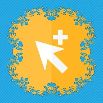 Cursor, arrow plus, add icon sign. Floral flat design on a blue abstract backgro Stock Illustration