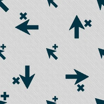Cursor, arrow plus, add icon sign. Seamless pattern with geometric texture. Stock Illustration