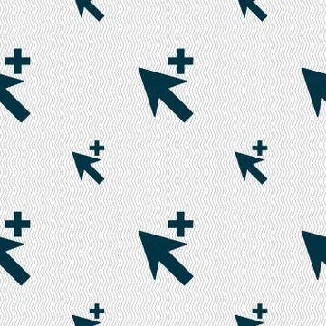 Cursor, arrow plus, add icon sign. Seamless pattern with geometric texture. Stock Illustration