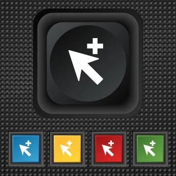 Cursor, arrow plus, add icon sign. symbol Squared colourful buttons on black tex Ilustración de archivo