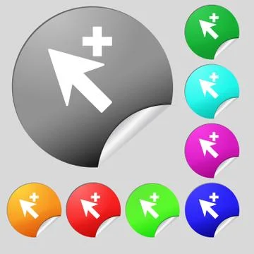 Cursor, arrow plus, add icon sign. Set of eight multi colored round buttons, sti イラスト素材