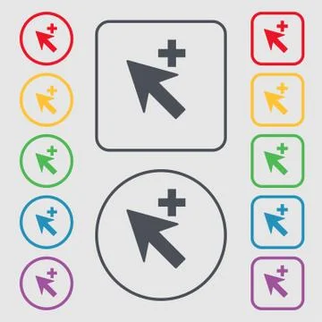 Cursor, arrow plus, add icon sign. symbol on the Round and square buttons with f イラスト素材