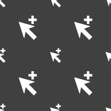 Cursor, arrow plus, add icon sign. Seamless pattern on a gray background. Stock Illustration