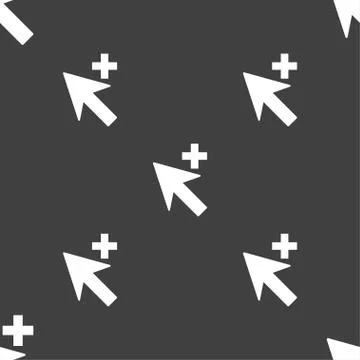 Cursor, arrow plus, add icon sign. Seamless pattern on a gray background. Stock Illustration