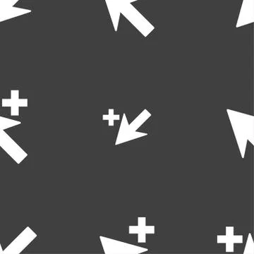 Cursor, arrow plus, add icon sign. Seamless pattern on a gray background. Stock Illustration
