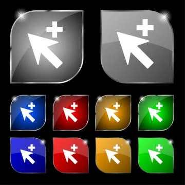 Cursor, arrow plus, add icon sign. Set of ten colorful buttons with glare. Stock-Illustration