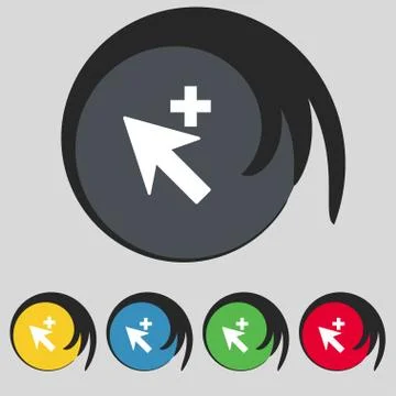 Cursor, arrow plus, add icon sign. Symbol on five colored buttons. Ilustración de archivo