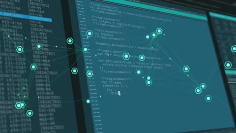 Cursor blinking monitor showing code while teal nodes grouping marking REDACTED Vídeo Stock 331757569