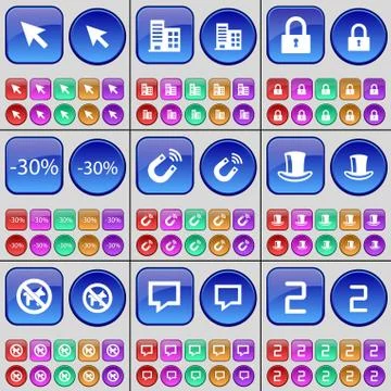 Cursor, Building, Lock, Discount, Magnet, Silk hat, No pets allowed, Chat bubble Stock Illustration