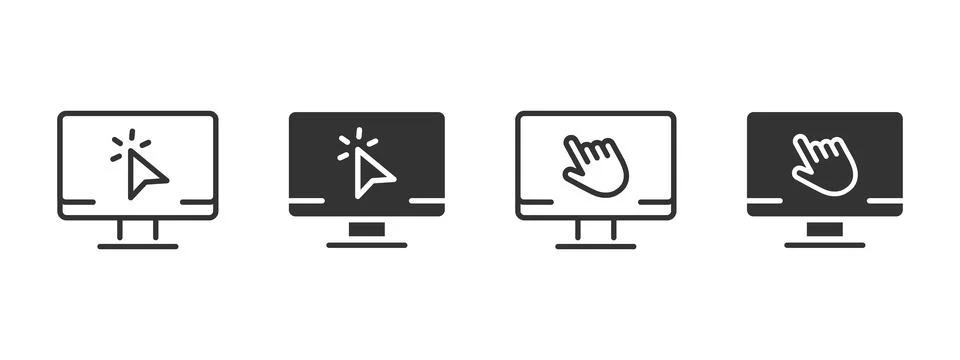 Cursor click icon. Computer screen with mouse pointer and hand interaction .. Stock Illustration