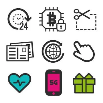 Cursor click icon. Heart beat symbol. Post card icon. smartphone 5G sign. 24h Stock Illustration