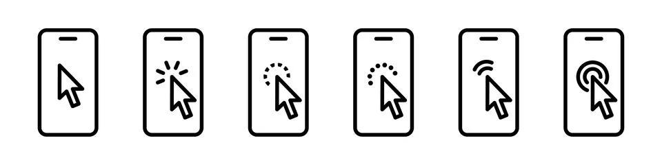 Cursor click screen smartphone icon set. Pointer with phone touch screen ve.. Stock Illustration