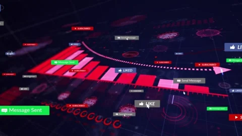 Cursor clicking, 3D red bar chart growing and badges updating to show social Stock Footage 335761770