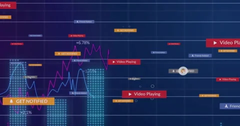 Cursor clicking play button causing lines weaving through rising bars across Stock Footage 311031768