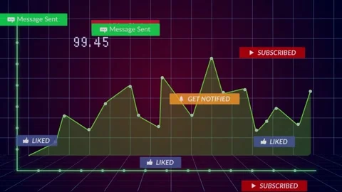 Cursor clicking Play, neon polyline plotting across grid, badges appearing to Stock Footage 332685824
