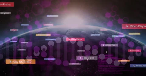 Cursor clicking playback icon animating 3D planet edge multiplying alerts Stock Footage 315575622