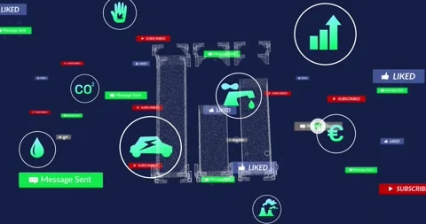 Cursor clicking, point-cloud towers rotating, icons orbiting, badges pulsing, Stock Footage 328446486