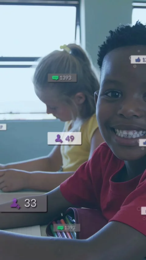 Cursor clicking, smiling boy turning to camera, girl writing, overlays growing Stock Footage 332734838