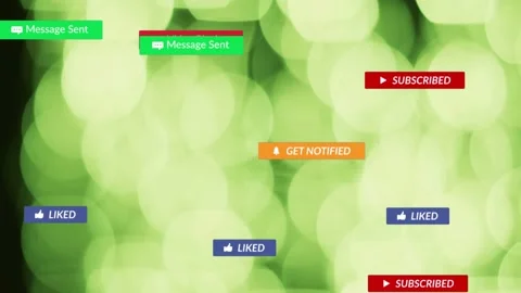Cursor clicking subscribe, causing badges popping, drifting across green bokeh, Stock Footage 333670805
