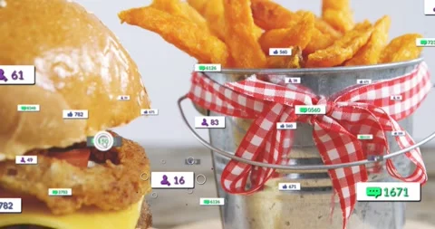 Cursor hovering causing badges multiplying, clustering around burger, fries, Stock Footage 323274326