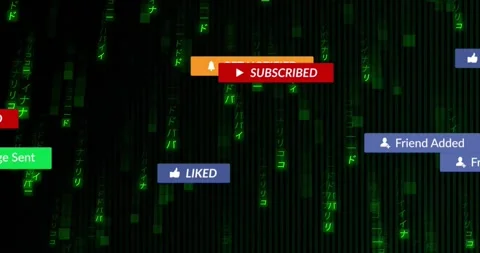 Cursor hovering clicking subscribe btn, notifications drifting across code rain Stockbeeldmateriaal 326307234