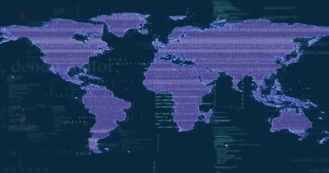 Cursor hovering initiating scan, purple world map pulsing markers shifting to Vídeos de archivo 321824947