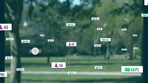 Cursor hovering over badges, overlays gathering then fading across park, showing Stock Footage 333902705